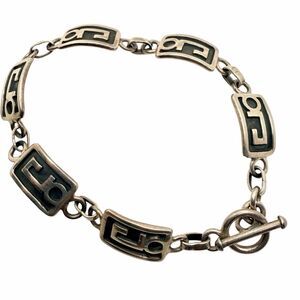 Vintage Mexico 925 Sterling Silver Black Enamel Geometric Link Bracelet Taxco St